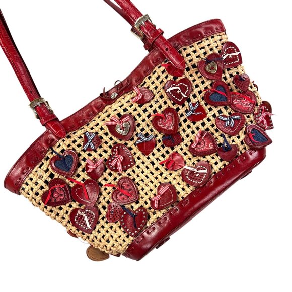 Brighton Wicker Leather Purse Red Hearts Applique Shoulder Handbag Handled Tote - Picture 2 of 16